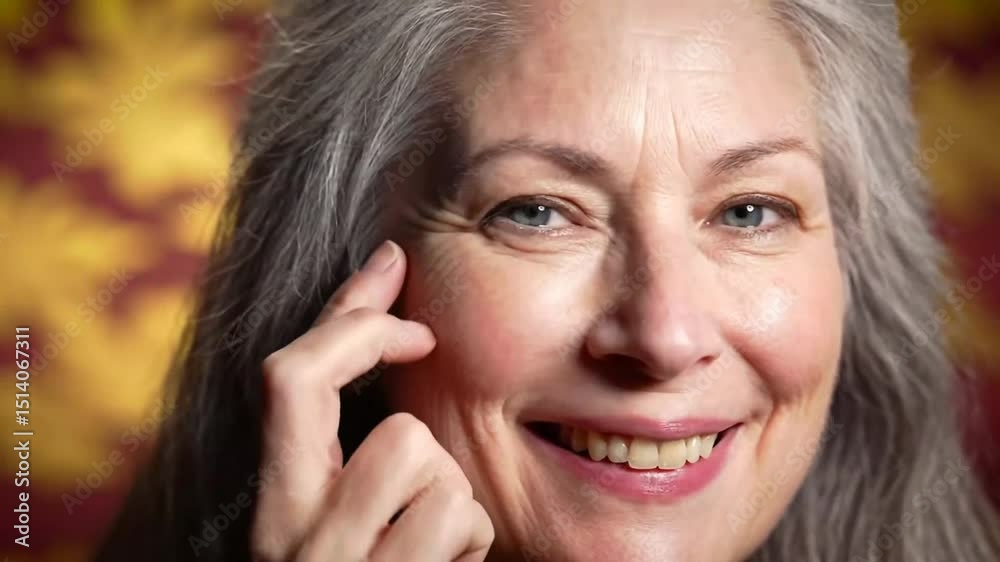 Close Up of Smiling Gray Hair Woman Touching Her Face with Gold and Maroon Blurred Background For Skincare and Cosmetic Product Presentation Close Up of Smiling Gray Hair Woman Touching Her Face with Gold and Maroon Blurred Background For Skincare and Cosmetic Product Presentation