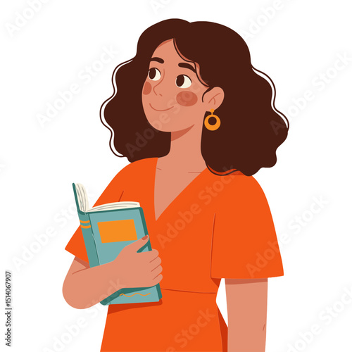 Woman with curly hair and book in hand, smiling to the side