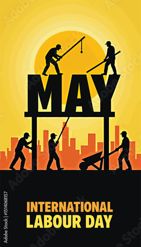 International Labour Day Graphic: Silhouette of workers symbolizes labour day and building of the modern world and celebrate hard work, dedication and international unity.