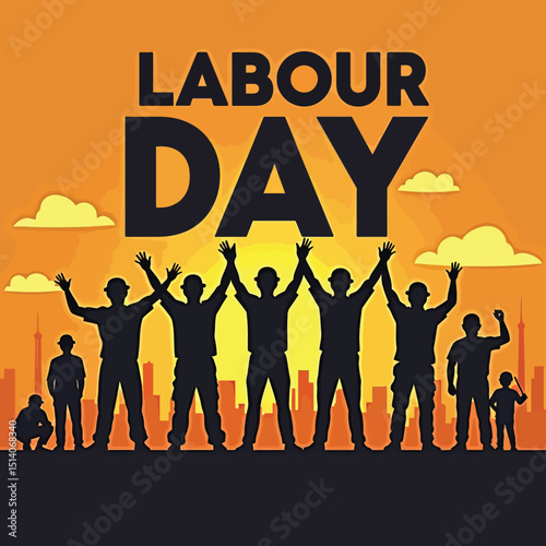 Celebrating Labor Day: Silhouetted workers stand united against an orange sky, hands raised in a gesture of solidarity and appreciation for Labor Day. A visual tribute to dedication, hard work.