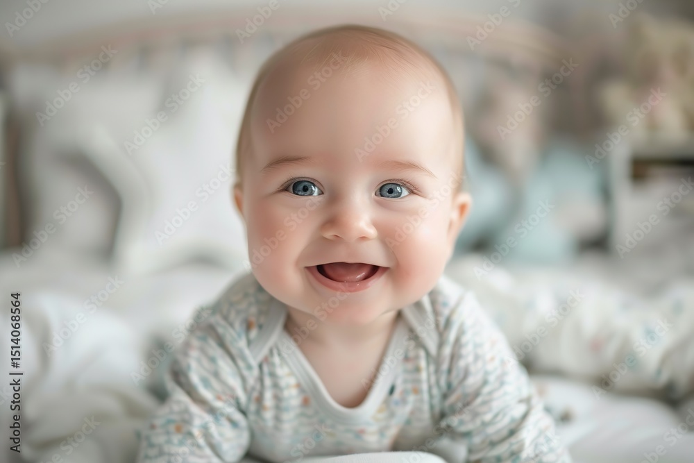 Happy baby lying in white nursery filled with gentle daylight. Ideal for maternity, early childhood development and newborn lifestyle visuals Happy baby lying in white nursery filled with gentle daylight. Ideal for maternity, early childhood development and newborn lifestyle visuals