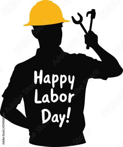 Happy Labor Day Silhouette: A strong silhouette of a worker in a hard hat, holding tools aloft, celebrating Labor Day. The image conveys appreciation for hardworking individuals.