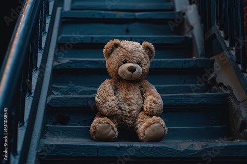 Teddy bear sitting alone in rough urban environment, expressing feelings of sadness, isolation and forgotten childhood. Perfect for conceptual photo collections