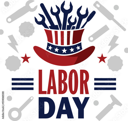 Labor Day Celebration: A vibrant illustration celebrating Labor Day, showcasing essential tools and a patriotic hat filled with wrenches.