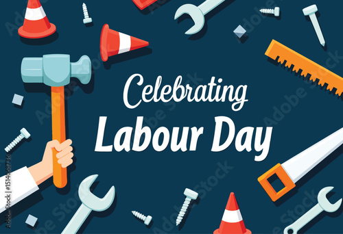 Celebrating Labour Day: A dynamic graphic illustration to commemorate Labour Day, with an array of tools symbolizing the dedication and efforts of workers.