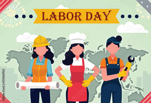 Labor Day salutation: Illustrated women from different occupations celebrate labor day on front of light green background and world map.