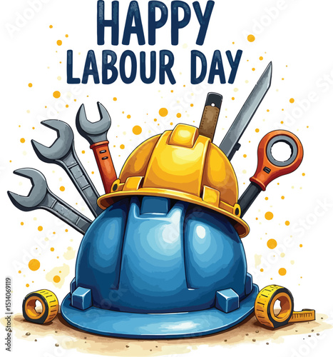 Labour Day Illustration: A vibrant and symbolic illustration celebrates Labour Day with essential tools like wrenches, a knife, and a tape measure surrounding a construction helmet.