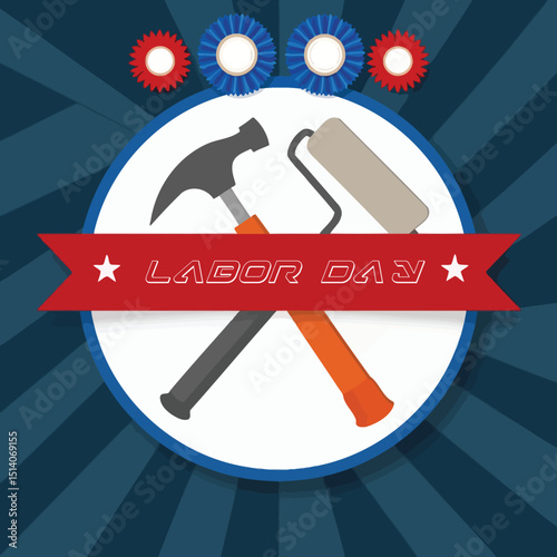 Labor Day Tools of the Trade: An illustration of classic labor day tools: a hammer and paint roller. Symbolic of the holiday. The tools are superimposed onto a circle. the background is blue.