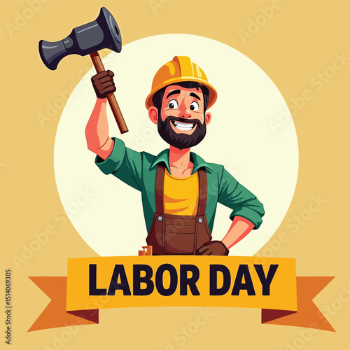 Labor Day Celebration: A worker celebrating with a big hammer and helmet in hand to celebrate the labor day event. Capturing the spirit of dedication and hard work.