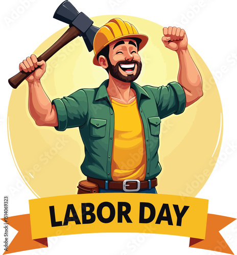 Labor Day: A jubilant construction worker with an axe celebrates Labor Day with a smile. It is a symbol of hard work.