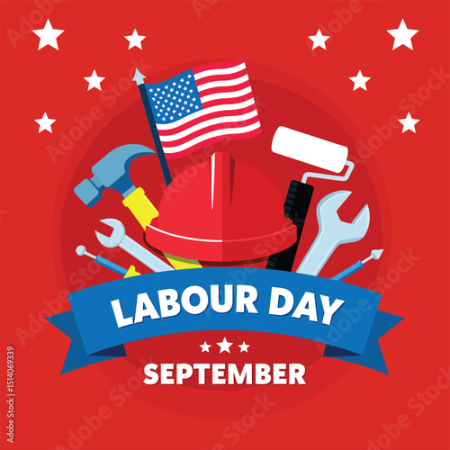 Labor Day Celebration: A vibrant vector illustration marking the US holiday, with iconic symbols representing the dedication and contribution of workers, celebrating labor and achievement.