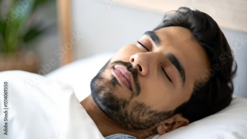 Peaceful Sleep: Young Indian Man Relaxing in Bed with Eyes Closed at Home