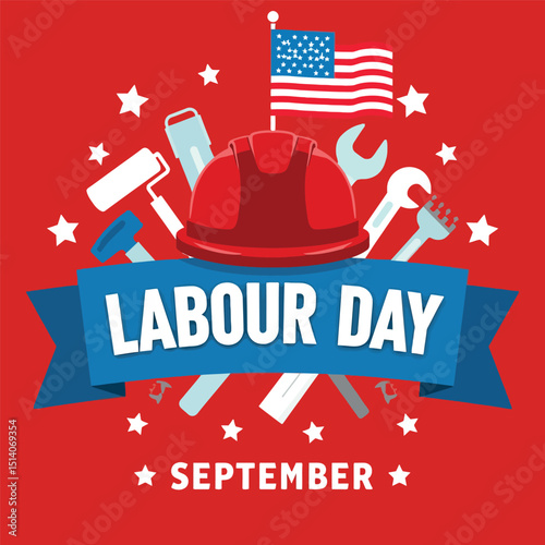 Labour Day Celebration: a dynamic illustration capturing the spirit of Labour Day, showcasing symbolic elements of labor, patriotism, and the spirit of the day.