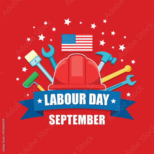 Labor Day Celebration in September: A patriotic illustration captures the spirit of Labor Day with construction tools. This image embodies the hard work and dedication of laborers across America.