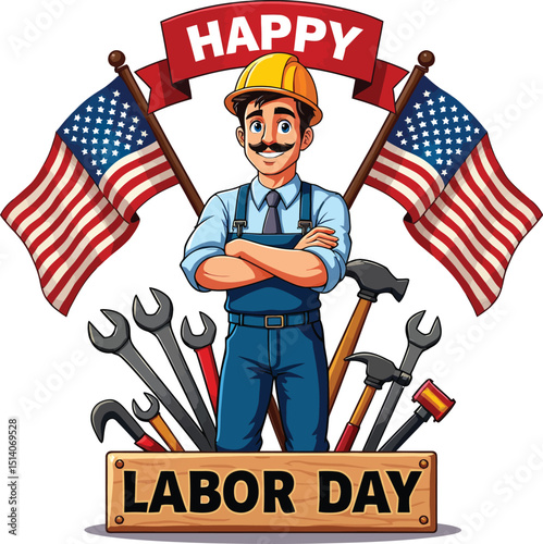 Labor Day Celebration: An illustration capturing the spirit of Labor Day with a working figure, American flag, and essential tools, all representing the value and dedication of labor.