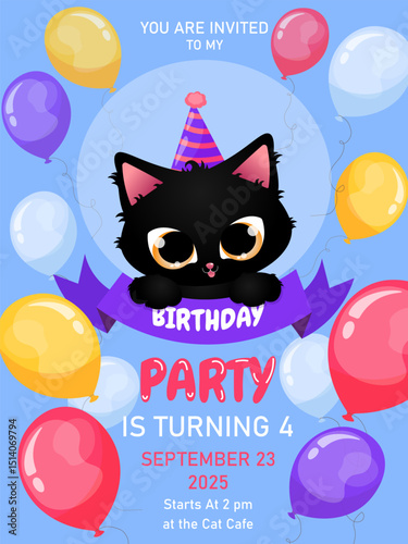 birthday invitation. bright invitation with cat and balloons. black cat. birthday party