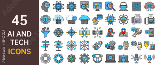 AI and Tech themed Vector Icon Set. Includes heads with AI, circuits, clouds, servers, brains, funnels, globes, robots, hands and more. Editable graphics. Vector illustrations.