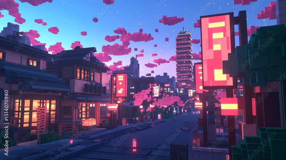 Obraz premium Futuristic Voxel City at Shibuya Crossing with Holographic Effects and Cherry Blossoms