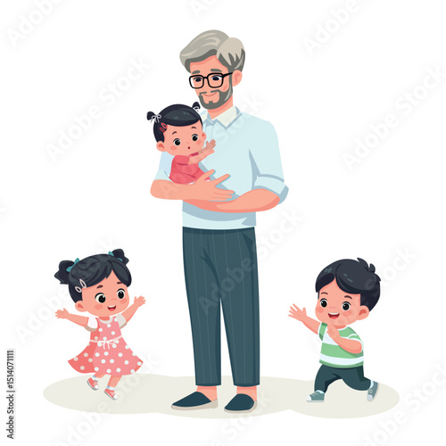 grandfather with grandchildren cartoon vector flat design