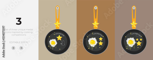 A set of three vector frying pans features fried eggs and star-shaped garnishes, each pan hung with a gold star medal, representing levels of achievement Challenge medal chef competitions.
