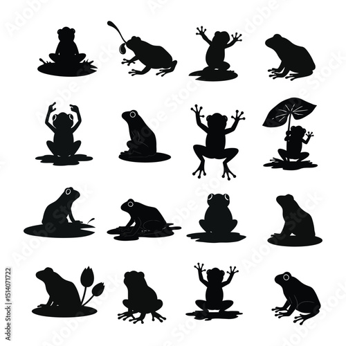 Frog Silhouette Bundle | Cartoon Animal Clipart | Amphibian Nature Vector Illustration .