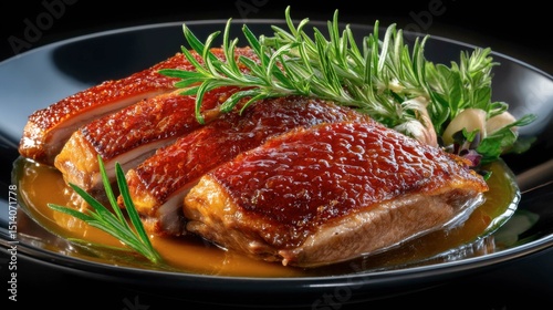 Seared Salmon Fillet with Fresh Herbs and Garlic on Elegant Black Plate photo