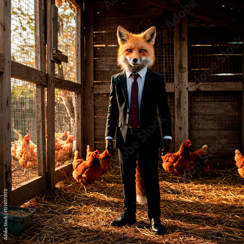 Business Fox in Suit Walking Through Chicken Coop with Briefcase, Blending Corporate Style with Rural Farm Life Humor and Creativity