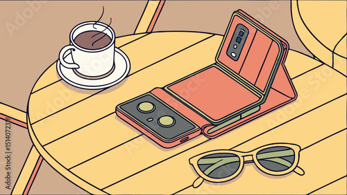 Relaxing Moments Generated AI Illustration of a Folding Phone and Coffee
