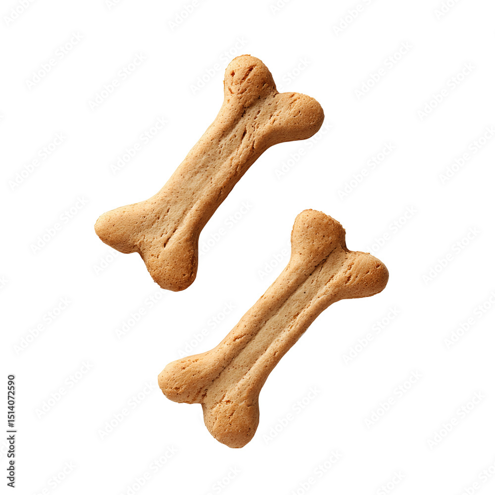 Two bone-shaped dog biscuits are pictured on a clean surface. The biscuits have a light brown color and a simple, yet appetizing appearance. They appear to be fresh, ready for a happy dog Two bone-shaped dog biscuits are pictured on a clean surface. The biscuits have a light brown color and a simple, yet appetizing appearance. They appear to be fresh, ready for a happy dog