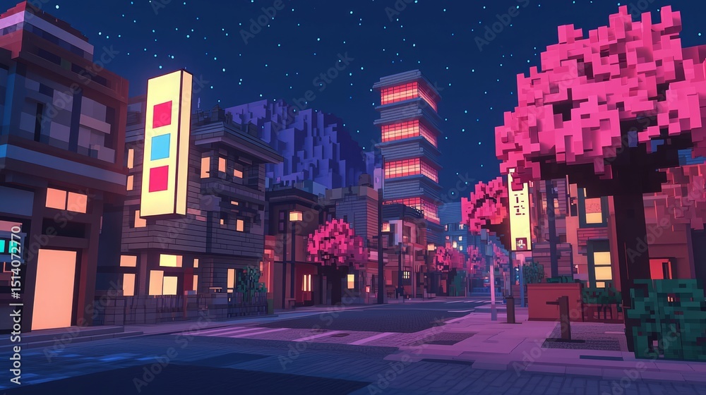 Obraz premium Futuristic Voxel Cityscape at Night with Cherry Blossom and Holographic Elements