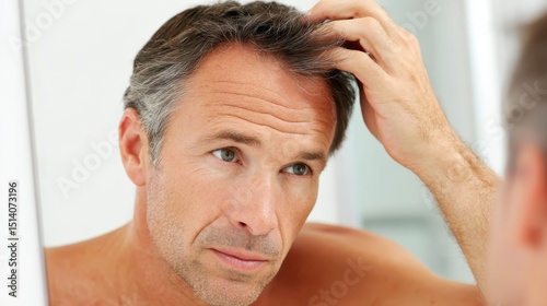 Mature male checking receding hairline in bathroom mirror, experiencing concern over balding process and diminishing personal confidence during midlife transition photo