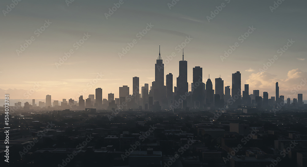 Fototapeta premium Silhouette cityscape at dawn, showcasing a vast metropolis with towering skyscrapers.