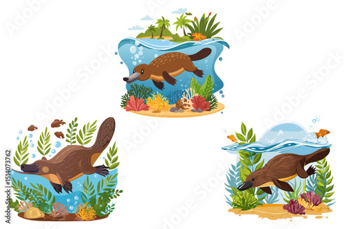 Platypus, duck-billed platypus (Ornithorhynchus anatinus) Cute swimming Platypus, platypus dives to the bottom of the lake with stones, algae and tree trunks, Endemic species of Australia and Tasmania