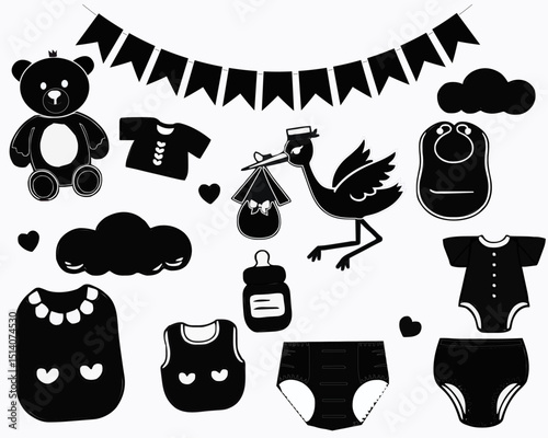 Baby shower hand drawn set. New baby items and icons. Cute doodle illustrations including teddy bear, baby clothes, bib, bottle, cloud, bunting banners, diaper, stork. black and white vector 