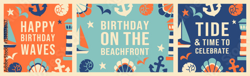 Square and horizontal playful birthday card templates, seasonal compositions with nautical summer style for events and social media. Includes anchors, shells, and sea motifs and vacation thematic