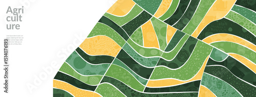 Pattern and texture background of green farm field with abstract graphic design. Geometric grassland, countryside farmland banner. Modern agriculture illustration, aerial view, rural eco environment