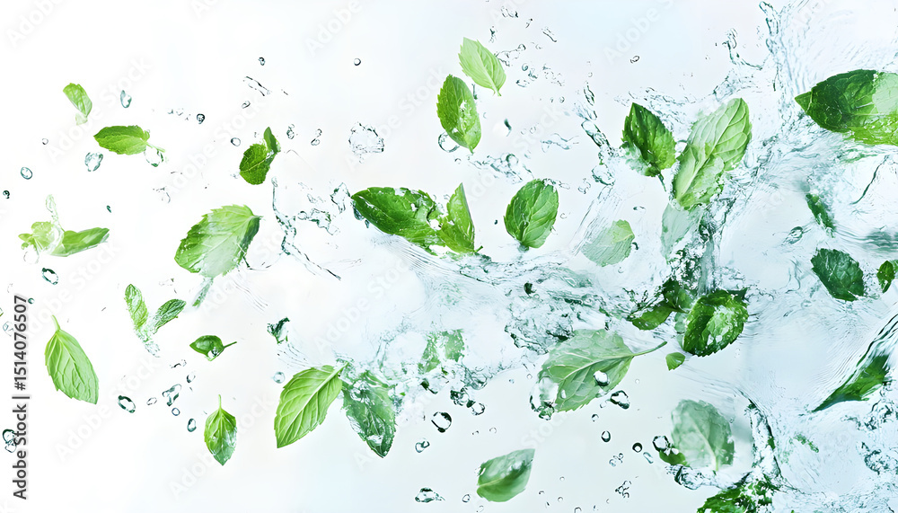 Mint leaves and splashes of water in air on white background Mint leaves and splashes of water in air on white background