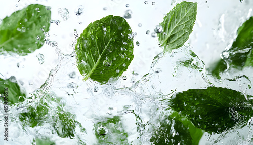 Mint leaves and splashes of water in air on white background