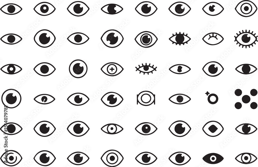 High quality eye icon set design featuring a single detailed eye graphic utilizing cmyk and grayscale color modes