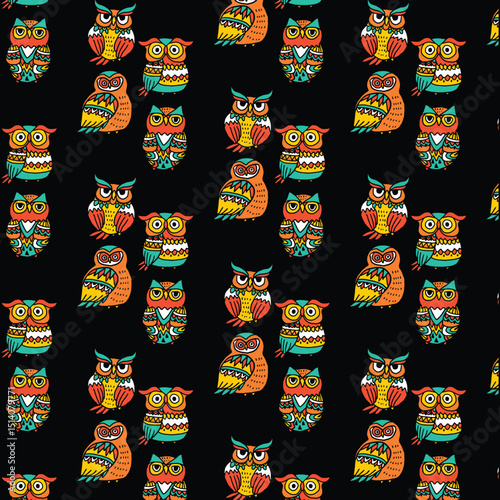 Nocturnal Charm: Colorful Owl Pattern on black background