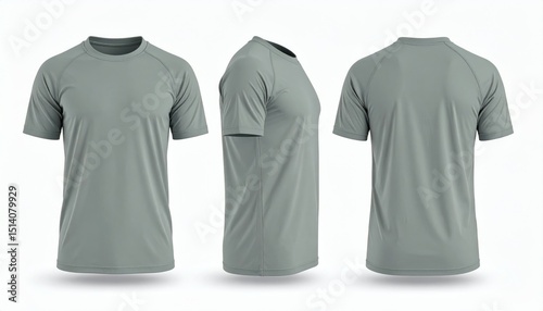 Blank Grey Short Sleeve Rash Guard Mockup: Three View Studio Shot on White Background