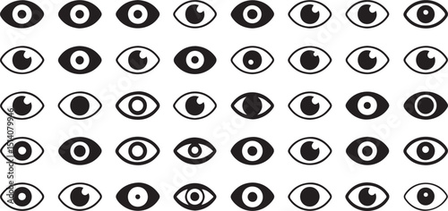 High quality eye icon design set featuring various styles and a single grayscale design element utilizing cmyk and rgb color models