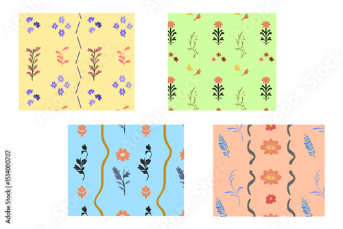 Vintage style colorful floral seamless pattern vector illustration set. Flowers and plants background design. Geometrical wallpaper print, spring season nature and flowers texture