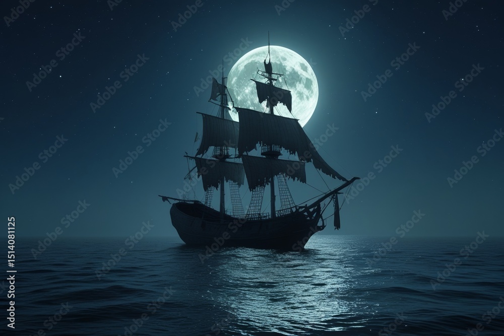 Naklejka premium Silhouette of a pirate ship at night