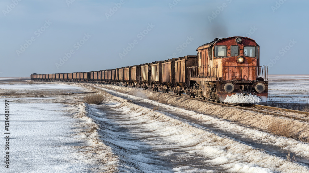 Fototapeta premium Specialized train used for salt extraction at Lake Baskunchak in Russia's Astrakhan region