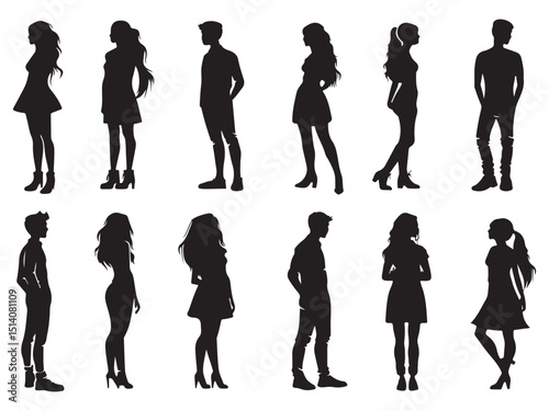 Diverse Group of People Standing Together in Silhouette Style on White Background silhouette