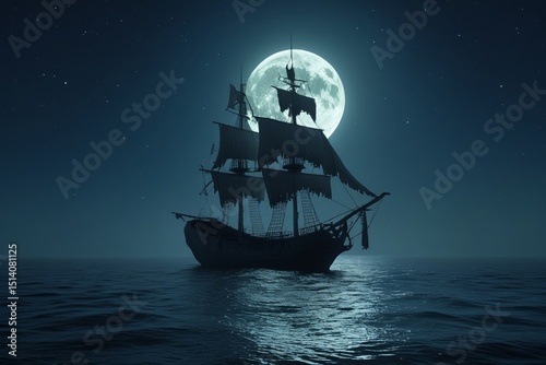 Silhouette of a pirate ship at night