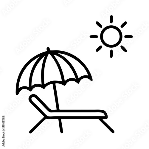 Beach umbrella and sun lounger under bright sun in summer, icon, vector  