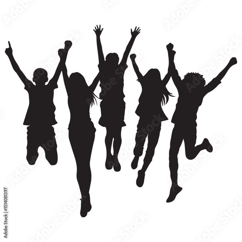 Group of Friends Jumping with Joy in Celebration Silhouette Expressing Happiness Success and Positive Energy with Arms Raised silhouette