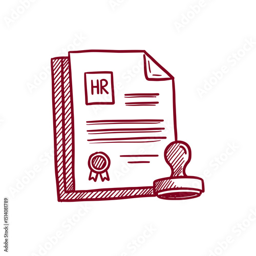 Hand-drawn Sketch Icon: HR Document with Stamp. Transparent background, HR Paperwork Concept, for Human Resources, Documentation, Administration 